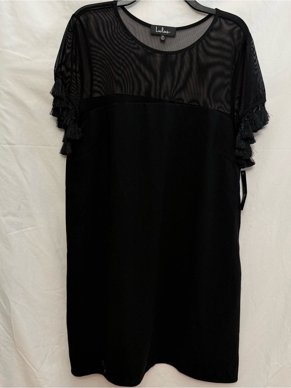 Lulus New Black Mesh Yoke Tassel Sleeve Shift Dress, XL